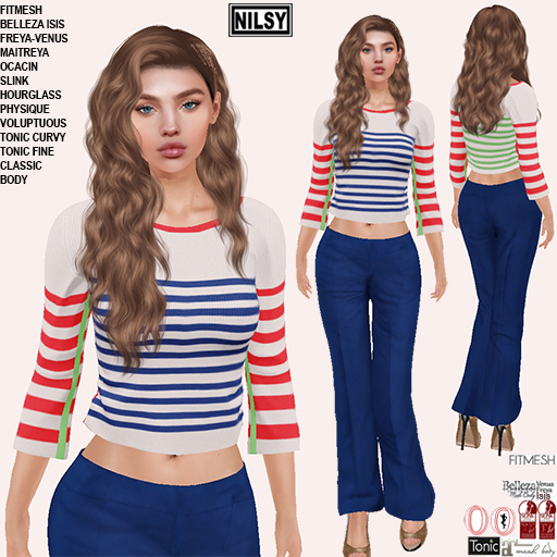 STRIPE TOP&LINEN PANTS,CL&MESH BODY