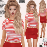 RED STRIPE TSHIRT&LEATHER SKIRT,CL&MESH BODY