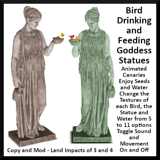 Menu Driven Bird Drinking and Feeding Goddess Statues