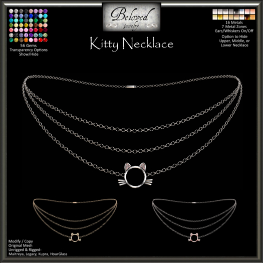 Beloved Jewelry : Kitty Necklace (Texture Change Metals) Gold, Silver, Gems, Diamond, Necklace Long or Short