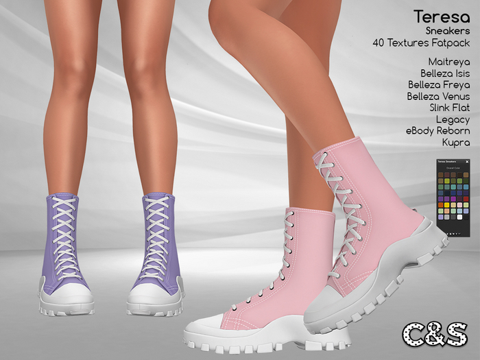 C&S Teresa Sneakers for Maitreya Lara, Slink, Belleza, Kupra, eBody Reborn and Legacy. 40 Textures HUD.