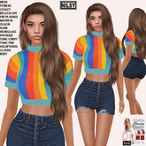 STRIPE CROPPED TOP&SHORTS,CL&MESH BODY