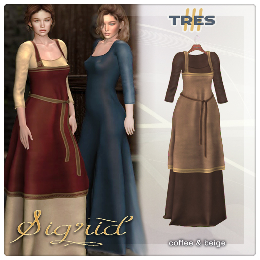 TRES - Sigrid Coffee & Beige - Medieval Fantasy Dress with Apron - Maitreya / Maitreya Petite