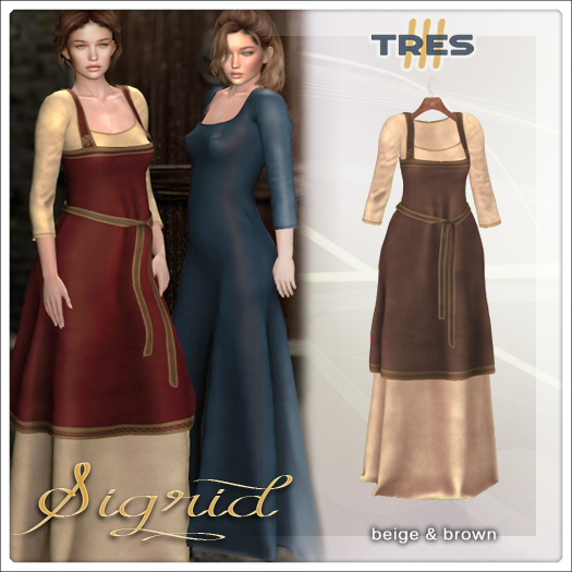TRES - Sigrid Beige & Brown Medieval fantasy Dress with separate Apron, North inspired - Maitreya / Maitreya Petite