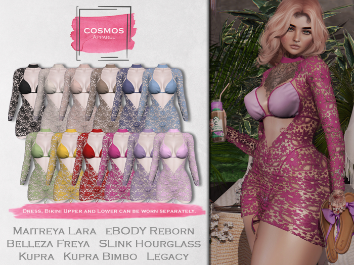 [COSMOS] Fee 3-Pieces Beach Set Flower Lace / 12 Colors Fatpack