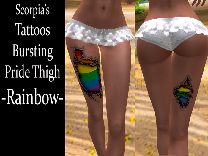 Bursting Skin Thigh Tattoo - Rainbow