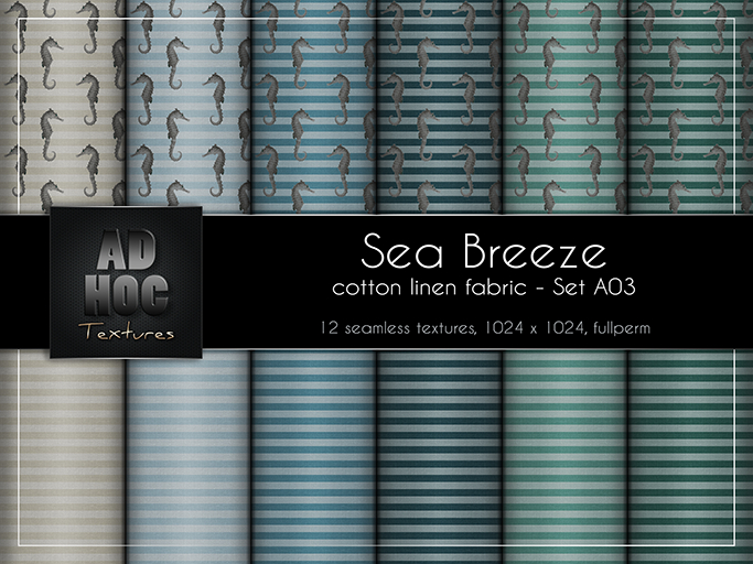 AD HOC - SEA BREEZE - Set A03 - Cotton Linen Fabric (sea horses & stripes)