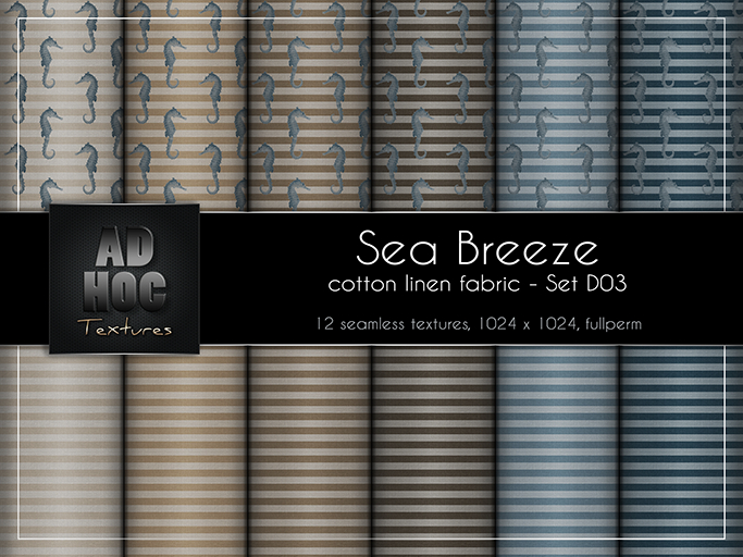 AD HOC - SEA BREEZE - Set D03 - Cotton Linen Fabric (sea horses & stripes)
