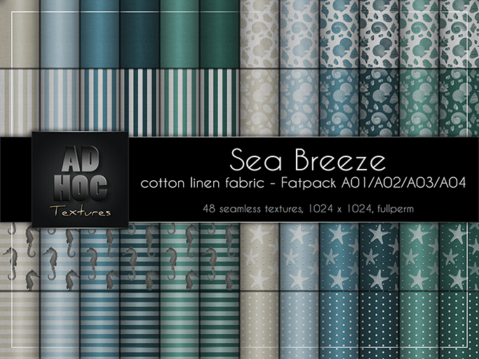 AD HOC - SEA BREEZE - Fatpack A01-A02-A03-A04 - Cotton Linen Fabric (solids, sea stars, sea horse, shell, stripes, dots)