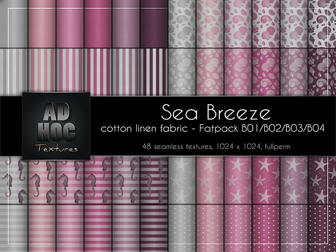 AD HOC - SEA BREEZE - Fatpack B01-B02-B03-B04 - Cotton Linen Fabric (solids, sea stars, sea horse, shell, stripes, dots)