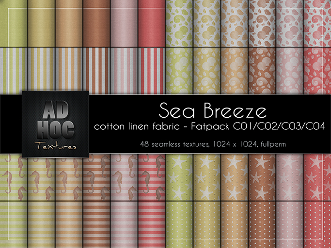 AD HOC - SEA BREEZE - Fatpack C01-C02-C03-C04 - Cotton Linen Fabric (solids, sea stars, sea horse, shell, stripes, dots)