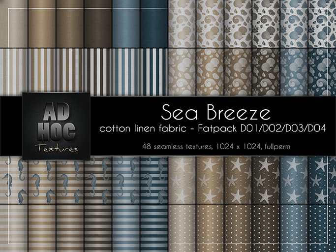 AD HOC - SEA BREEZE - Fatpack D01-D02-D03-D04 - Cotton Linen Fabric (solids, sea stars, sea horse, shell, stripes, dots)