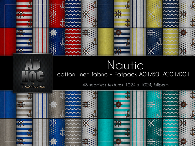 AD HOC - Nautic - Fatpack A01-B01-C01-D01 - Cotton Linen Fabric (solids, stripes, waves, nautic, dots)