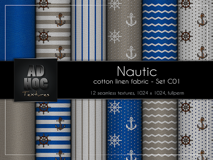 AD HOC - NAUTIC - Set C01 - Cotton Linen Fabric (solids, stripes, dots, waves, nautic)