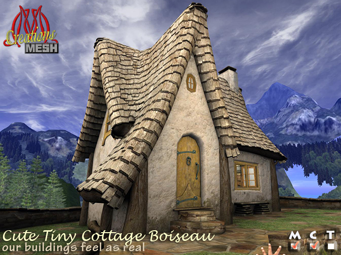 CottagCute Tiny Cottage Boiseau, storybook style traditional cabane with shingled roof and surrounded by grass and walls