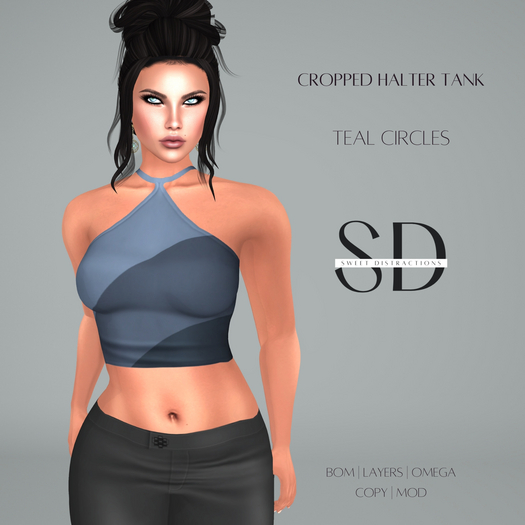 S/D Cropped Halter Tank in Teal Circles