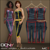 DCNY Denim Romper in Dark Wash/Crimson