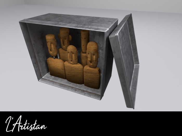 Metal box containing wooden figures