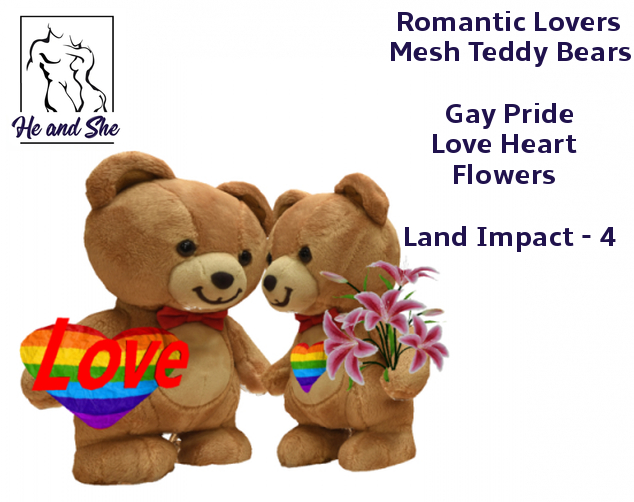 Romantic Couple Lovers Mesh Teddy Bears holding Love Heart & Flowers *** Gay Pride Promotional Promo Gift Sale Price