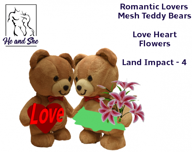 Romantic Couple Lovers Mesh Teddy Bears holding Love Heart & Flowers *** Promotional Promo Gift Sale Price