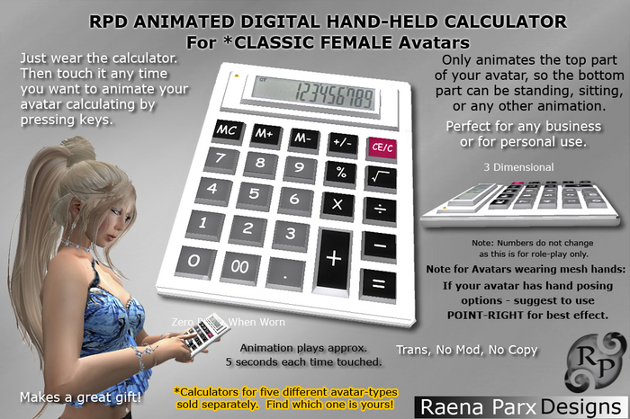 Hand-Held Calculator for Female Classic Avatars, Animated, Digital - RPD - NEW!!!
