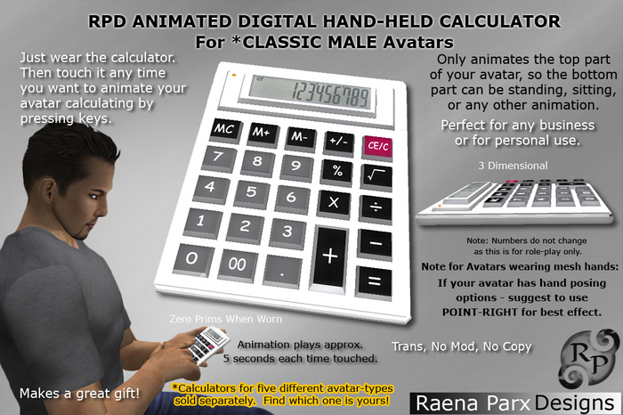 Hand-Held Calculator for Male Classic Avatars, Animated, Digital - RPD - NEW!!!