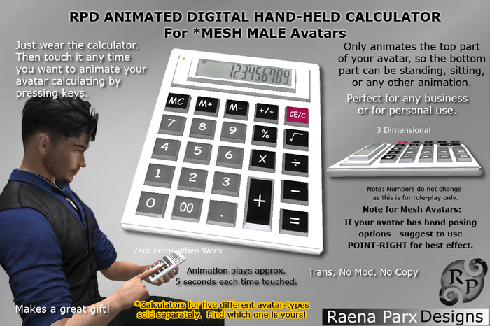 Hand-Held Calculator for Male Mesh Avatars, Animated, Digital - RPD - NEW!!!