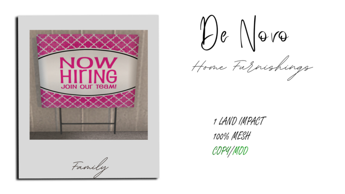 ..De Novo.. Now Hiring Yard Sign 