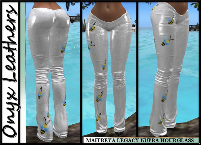 White leather bee pants with materials
