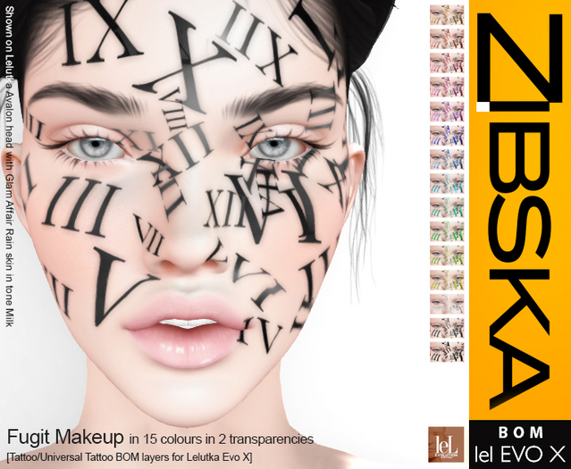 Zibska Evo X ~ Fugit Makeup in 15 colors in 2 transparencies with tattoo & universal tattoo BOM layers