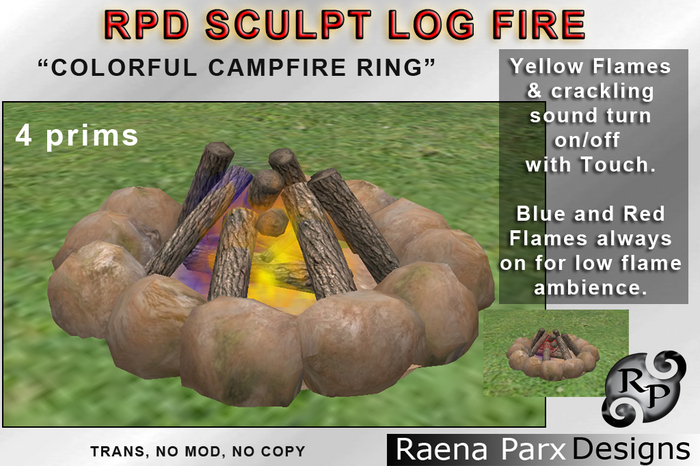 SCULPT LOG FIRE - "COLORFUL CAMPFIRE RING" WITH SCULPT WOOD LOGS AND ROCK FIRE RING - RPD - NEW!!!