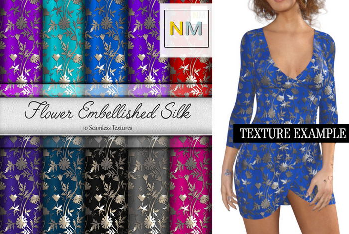 Flower Embellished Silk 10 Seamless Textures NM Elegant Fabrics Silver