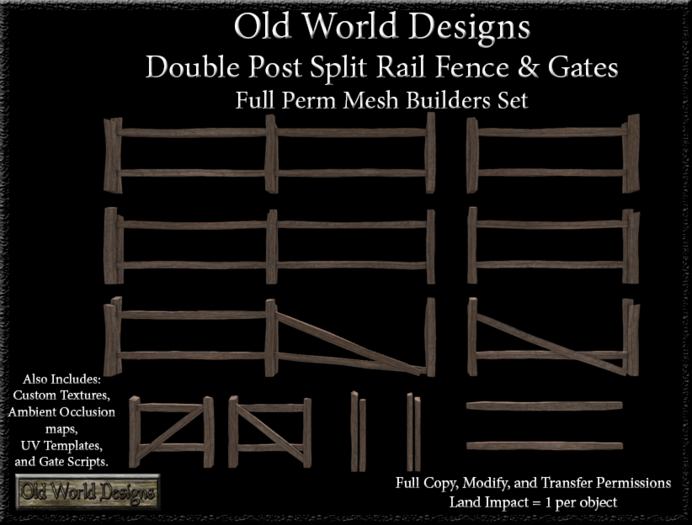 Old World Designs Double Post Split Rail Fence and Gates Full Perm Mesh Builders Set