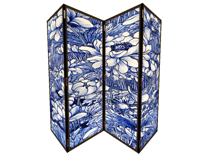 Blue porcelein Japanese byobu painting 1 prim screen hinged