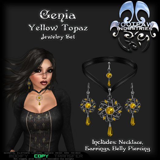 [FPI] Genia YellowTopaz - Lovely Jewelry set with Necklace, Earrings & Belly Piercing