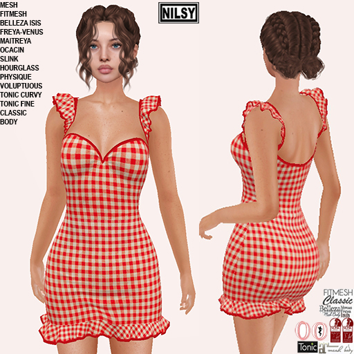 FRILLY RED VICHY DRESS,CL&MESH BODY