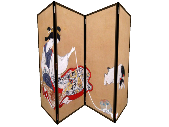 Japanese woman and cat 1 prim byobu painting screen hinged
