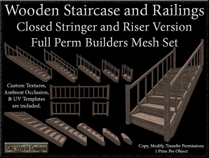 Old World Designs Wooden Staircase and Railings set Full Perm Mesh Closed Riser Stairs with Banisters 