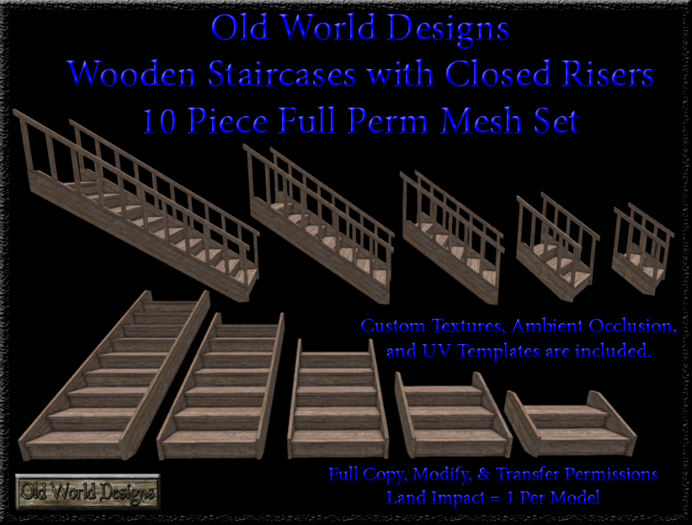 Old World Designs 10 Piece Full Perm Mesh Closed Riser Wooden Stair Set