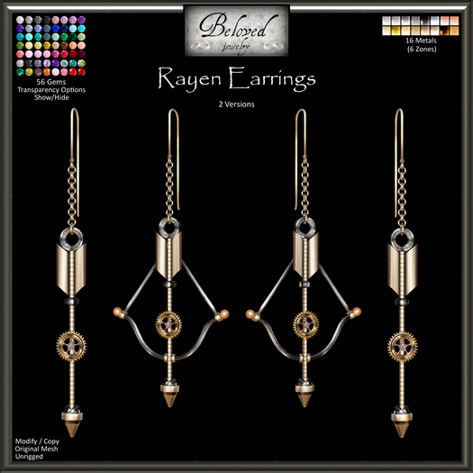 Beloved Jewelry : Rayen Earrings (Texture Change) Set of 2, Silver, Gold, Gemstones, Diamond, Arrow Steampunk