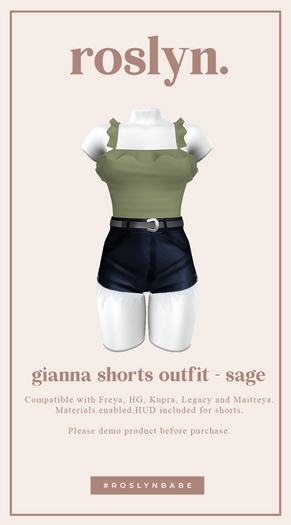 roslyn. gianna shorts outfit. sage [unpack]