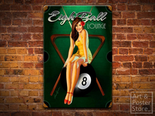 EIGHT BALL LOUNGE | Risqué Pin-Up Poster | Rusty Metal Style Wall Sign