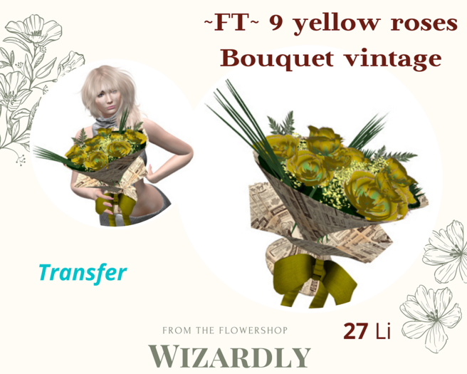 ~FT~ 9 yellow roses Bouquet_vintage