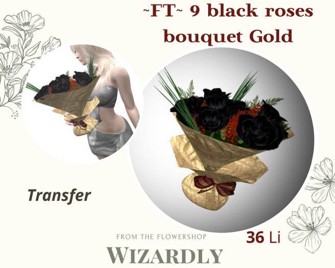 ~FT~ 9 black roses bouquet gold 