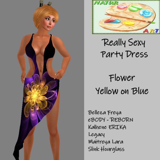 NaturArt Really Sexy Party Dress Flower Yellow on Blue
