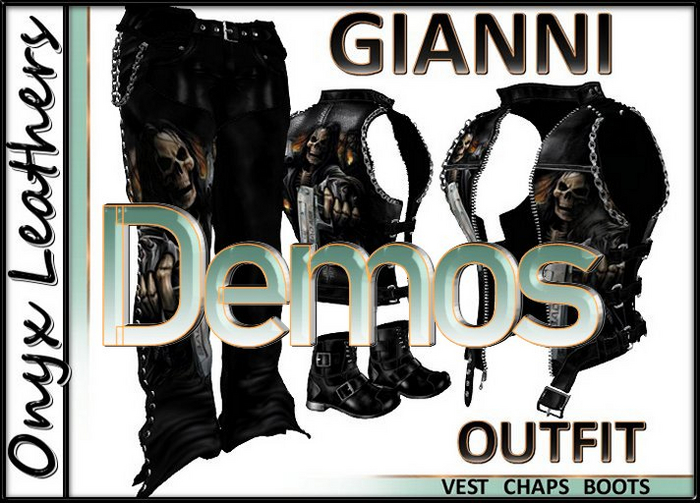Demos for GIANNI Reaper vest chaps boots outfit