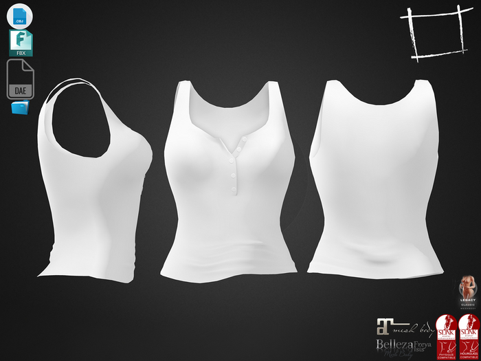 Dae Obj FBX For Buttoned Neck Female Tank Top Maitreya, Slink, Belleza (Isis,Freya), Legacy