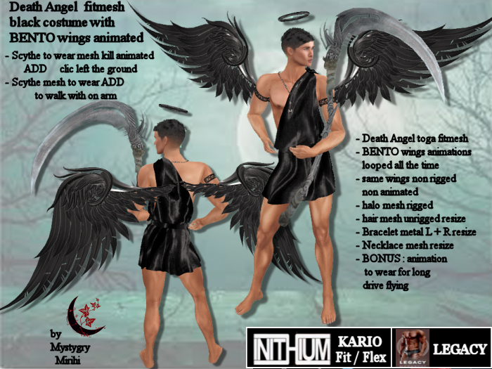 Death Angel fitmesh black costume bento wings halo hair UPDATE for Inithium Kario fit flex and Legacy Male