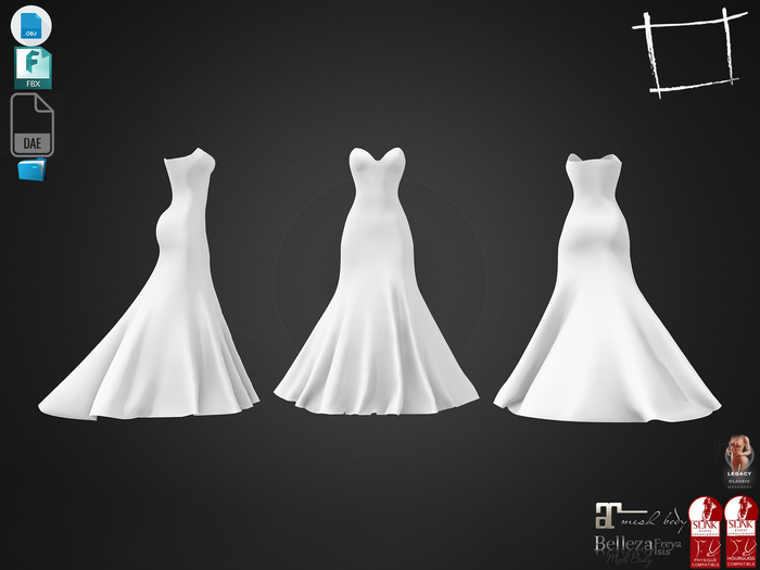 Dae Obj FBX For Long Strapless Gown Maitreya, Slink (Physique,Hourglass), Belleza (Isis,Freya), Legacy
