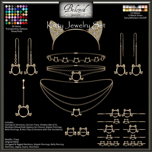 Beloved Jewelry : Kitty Set 7 Pieces (Texture Change) Earrings, Choker Necklace, Belly Piercing, Car Ear Tiara